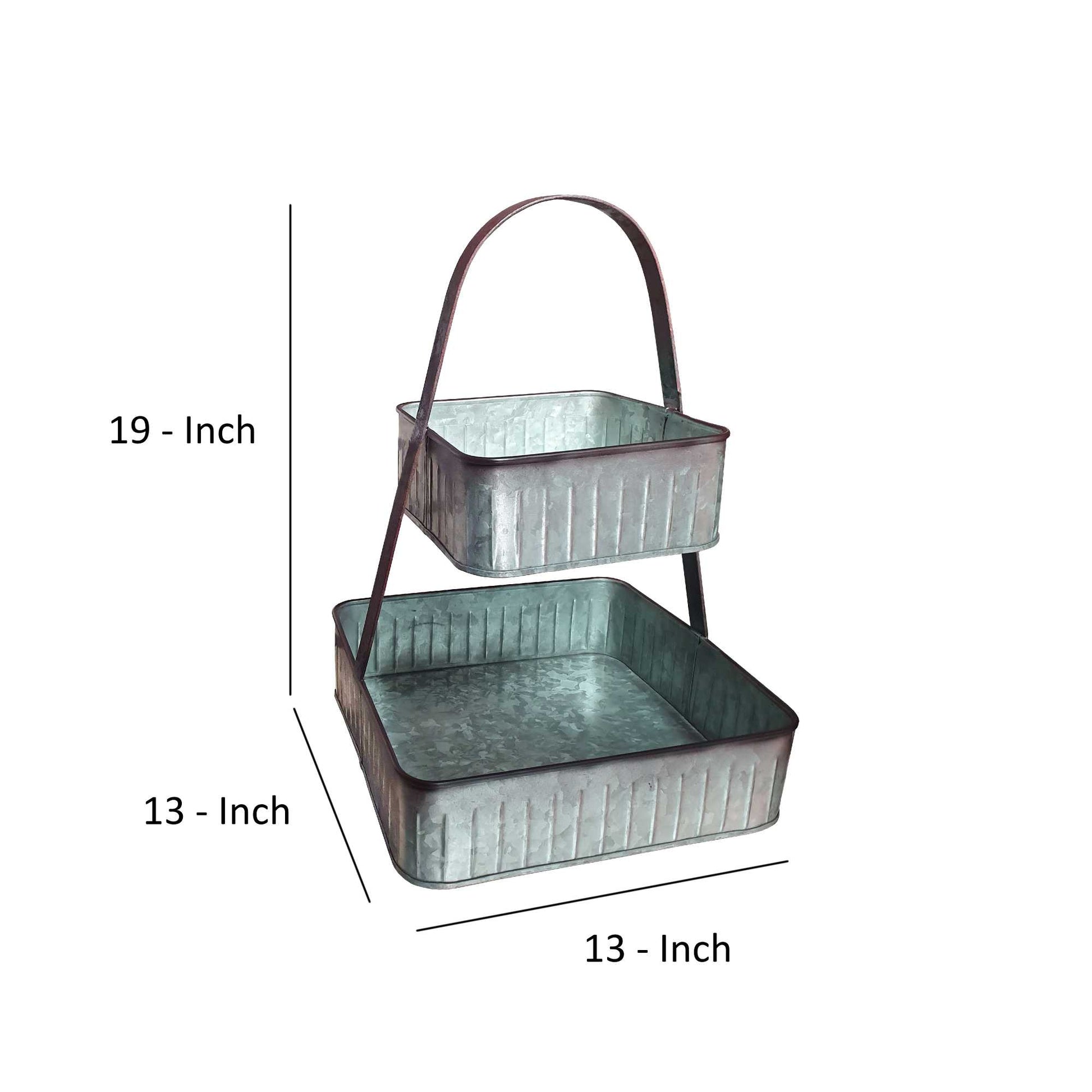 2 Tier Square Galvanized Metal Corrugated Tray With Arched Handle, Gray By Benzara | Trays & Pedestals |  Modishstore  - 5