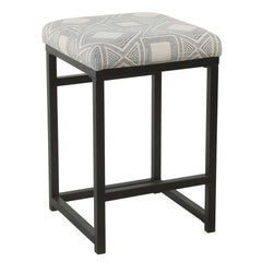 Metal Counter Stool With Geometric Pattern Fabric Upholstered Seat, Gray And Black By Benzara
