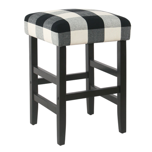 Square Wooden Counter Stool With Buffalo Plaid Fabric Upholstered Seat, Black And White By Benzara | Bar Stools & Table |  Modishstore 