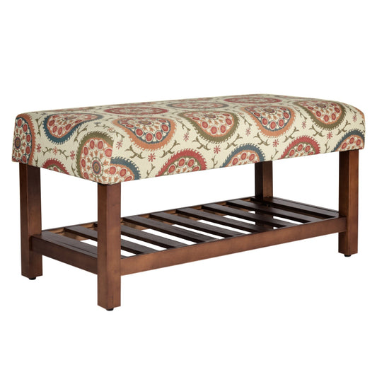 Wooden Bench With Medallion Patterned Fabric Upholstered Seat, Multicolor By Benzara | Benches |  Modishstore 