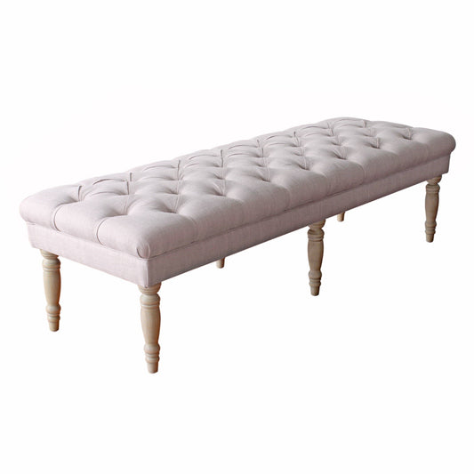 Wooden Bench With Button Tufted Fabric Upholstered Seat And Turned Legs, Cream By Benzara | Benches |  Modishstore 