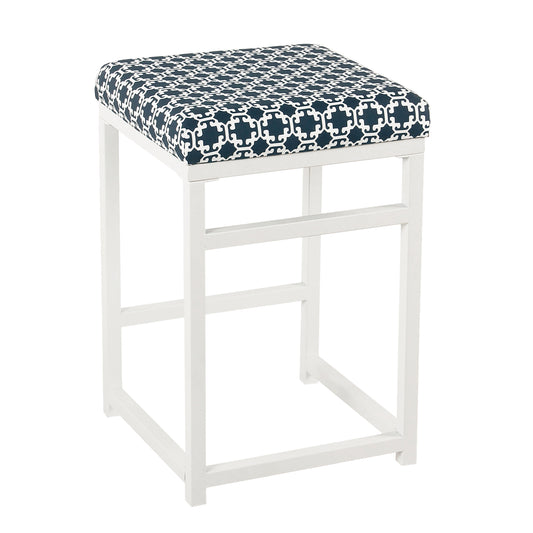 Metal Counter Stool With Fabric Upholstered Geometric Pattern Seat, White And Blue By Benzara | Counter Stools |  Modishstore 