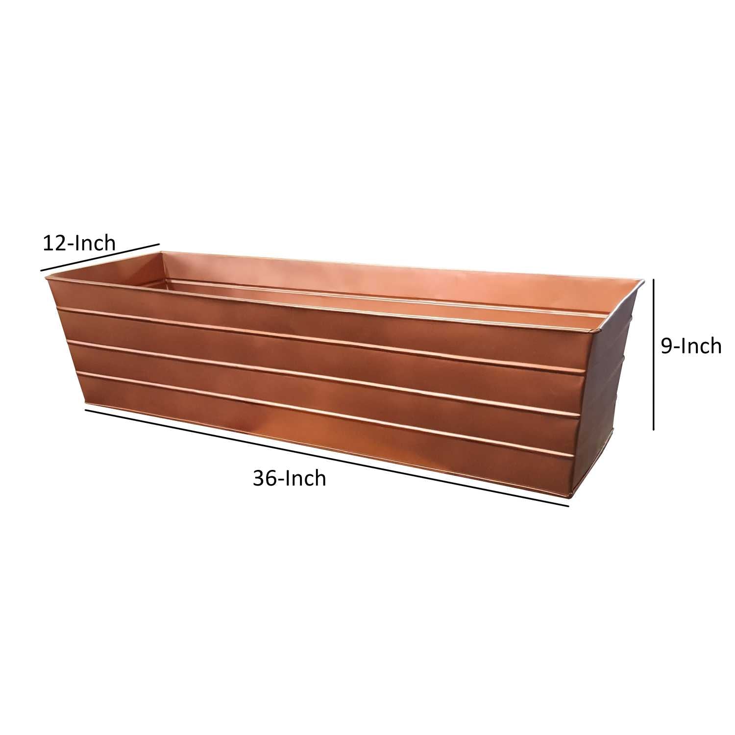 Rectangular Metal Flower Planter Box With Embossed Line Design, Large, Copper By Benzara | Outdoor Planters, Troughs & Cachepots |  Modishstore  - 3