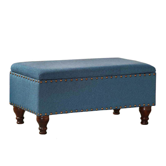 Fabric Upholstered Wooden Storage Bench With Nail Head Trim, Large, Blue And Brown By Benzara | Benches |  Modishstore 