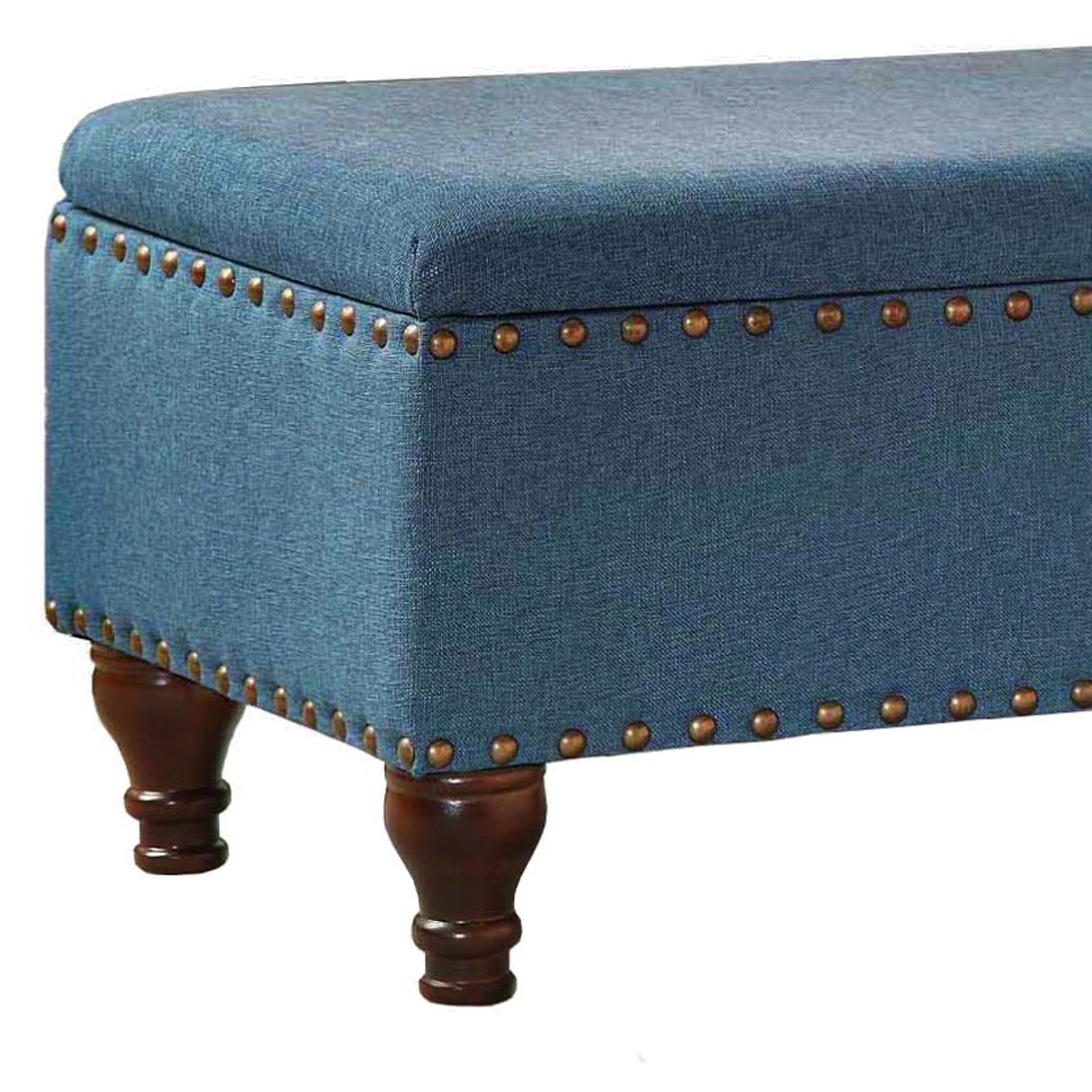 Fabric Upholstered Wooden Storage Bench With Nail Head Trim, Large, Blue And Brown By Benzara | Benches |  Modishstore  - 3
