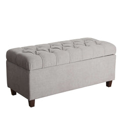 Fabric Upholstered Button Tufted Wooden Bench With Hinged Storage, Gray And Brown By Benzara