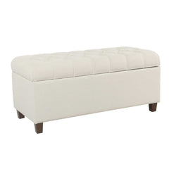 Fabric Upholstered Button Tufted Wooden Bench With Hinged Storage, White And Brown By Benzara