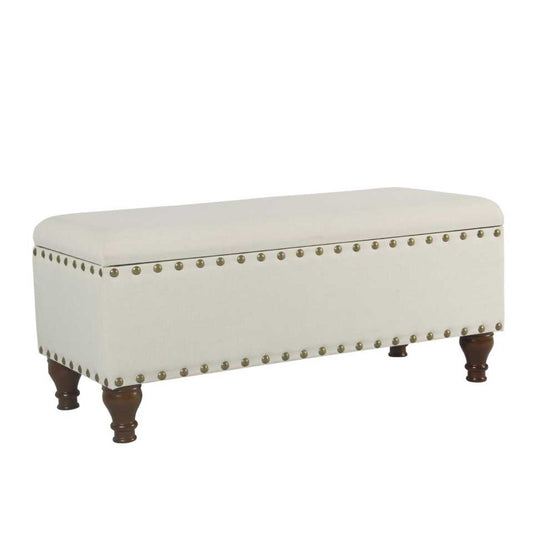 Fabric Upholstered Wooden Storage Bench With Nail Head Trim, Large, Cream And Brown By Benzara | Benches |  Modishstore 