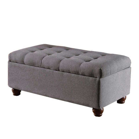 Fabric Upholstered Tufted Storage Bench With Wooden Bun Feet, Gray And Brown By Benzara | Benches |  Modishstore 