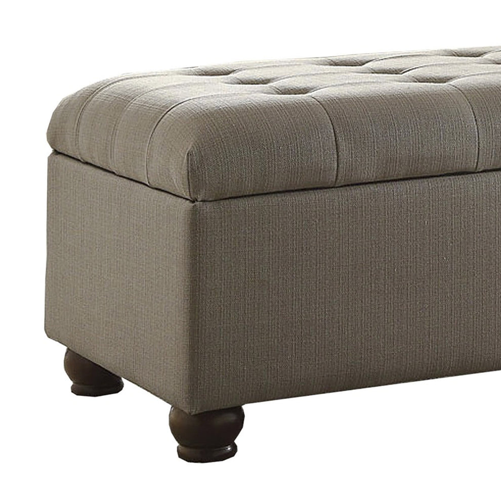 Textured Fabric Upholstered Button Tufted Storage Bench With Wooden Bun Feet, Gray And Brown By Benzara | Benches |  Modishstore  - 2