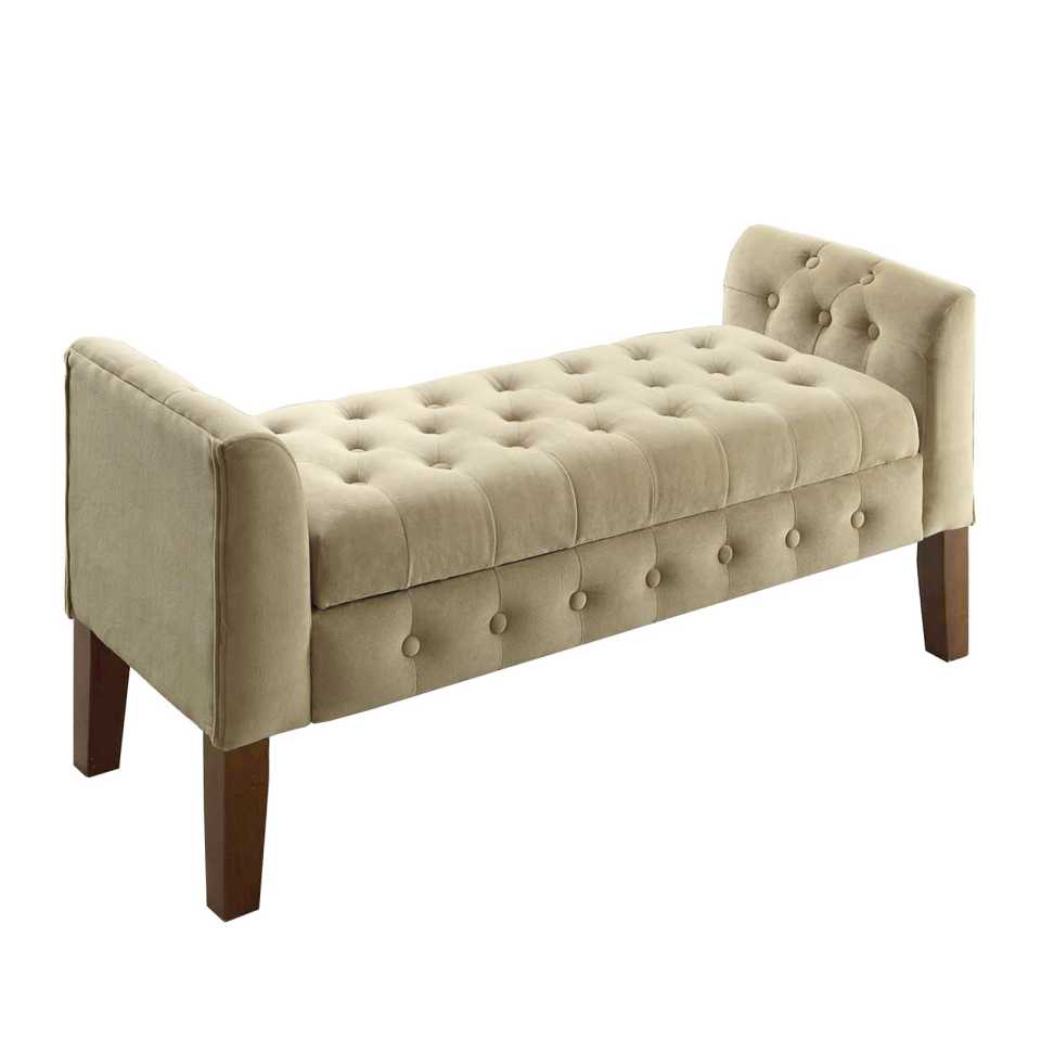 Velvet Upholstered Button Tufted Wooden Bench Settee With Hinged Storage, Beige And Brown By Benzara | Benches |  Modishstore 