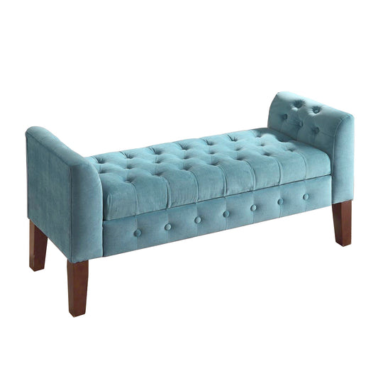 Velvet Upholstered Button Tufted Wooden Bench Settee With Hinged Storage, Teal Blue And Brown By Benzara | Benches |  Modishstore 