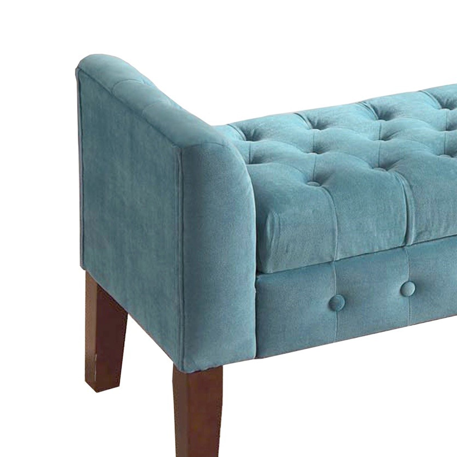 Velvet Upholstered Button Tufted Wooden Bench Settee With Hinged Storage, Teal Blue And Brown By Benzara | Benches |  Modishstore  - 2