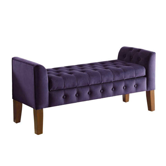 Velvet Upholstered Button Tufted Wooden Bench Settee With Hinged Storage, Purple And Brown By Benzara | Benches |  Modishstore 