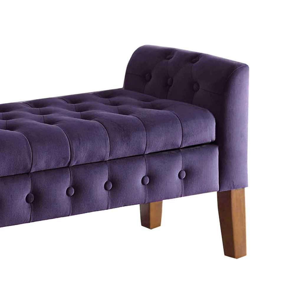 Velvet Upholstered Button Tufted Wooden Bench Settee With Hinged Storage, Purple And Brown By Benzara | Benches |  Modishstore  - 2