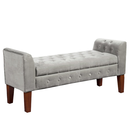 Velvet Upholstered Button Tufted Wooden Bench Settee With Hinged Storage, Gray And Brown By Benzara | Benches |  Modishstore 