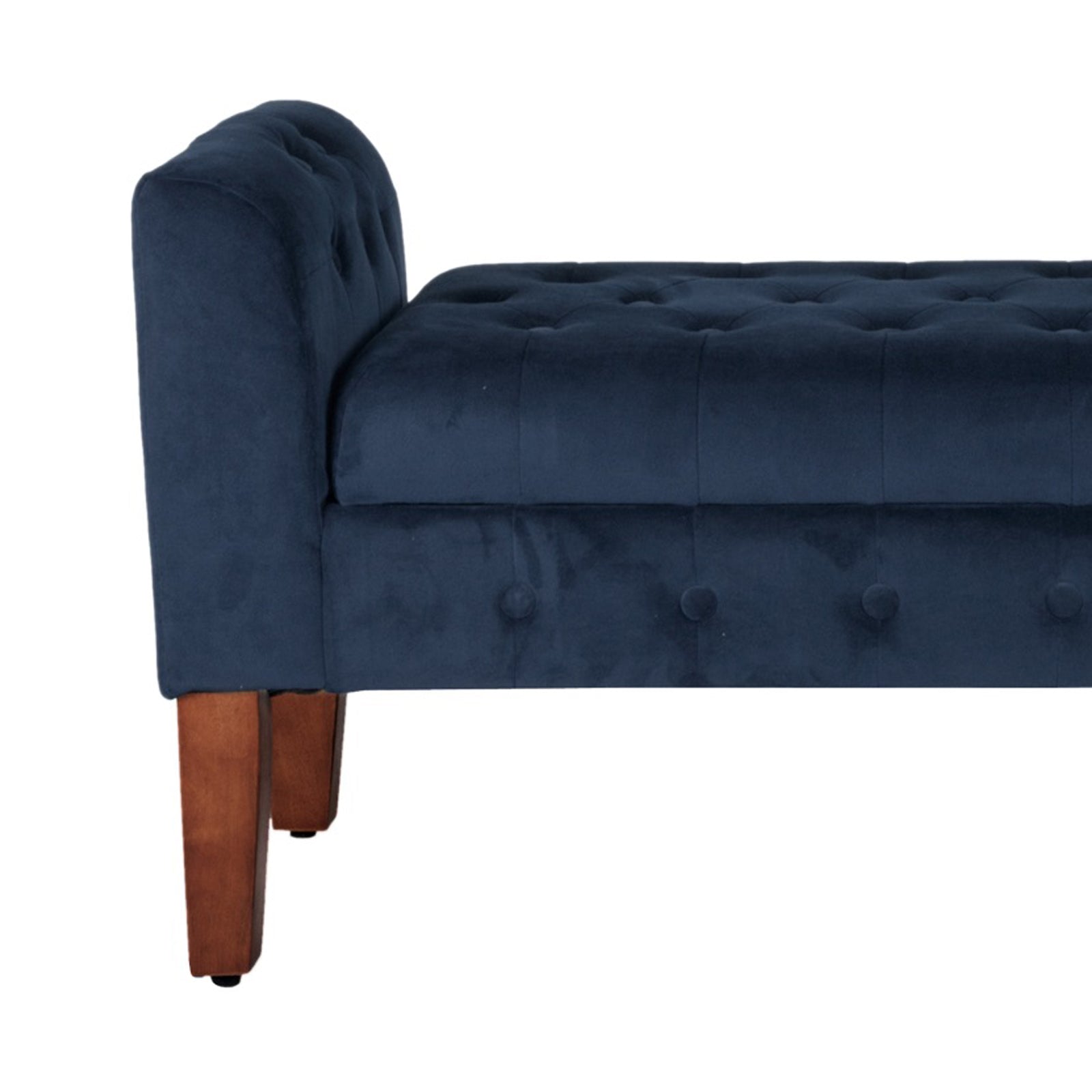 Velvet Upholstered Button Tufted Wooden Bench Settee With Hinged Storage, Dark Blue And Brown By Benzara | Benches | Modishstore - 4