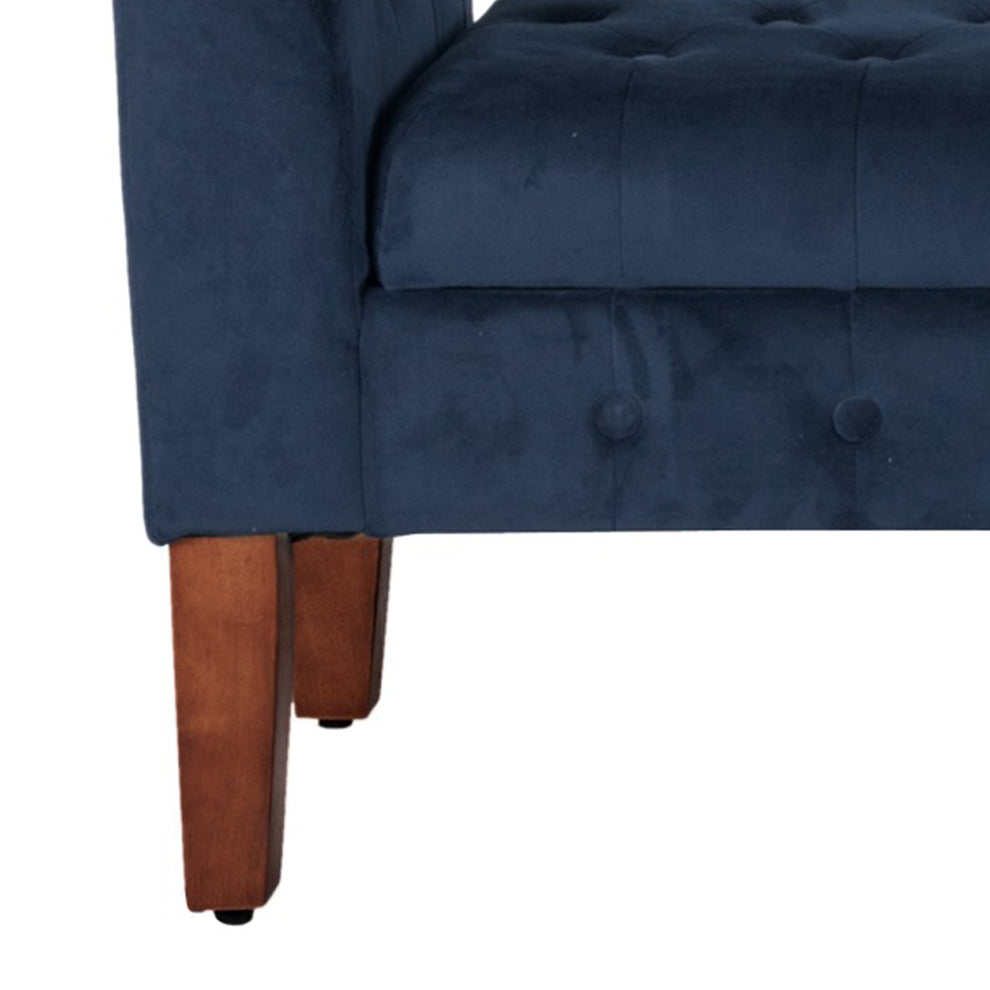 Velvet Upholstered Button Tufted Wooden Bench Settee With Hinged Storage, Dark Blue And Brown By Benzara | Benches | Modishstore - 3