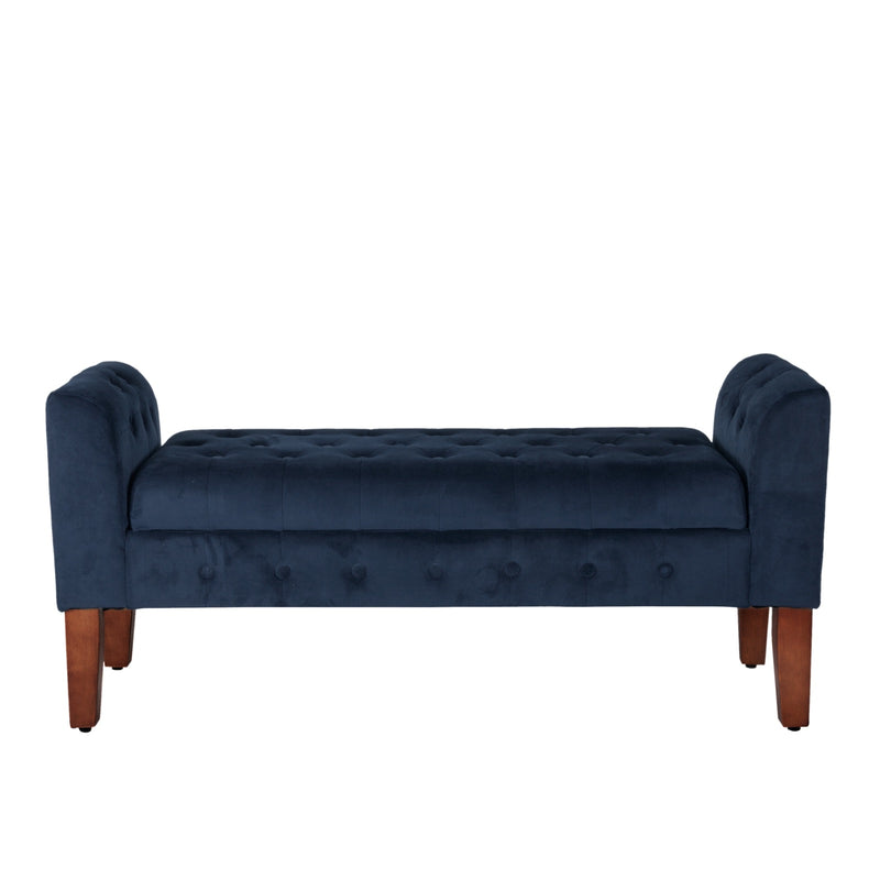 Velvet Upholstered Button Tufted Wooden Bench Settee With Hinged Storage, Dark Blue And Brown By Benzara | Benches | Modishstore