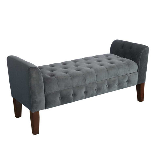 Velvet Upholstered Button Tufted Wooden Bench Settee With Hinged Storage, Dark Gray And Brown By Benzara | Benches |  Modishstore 