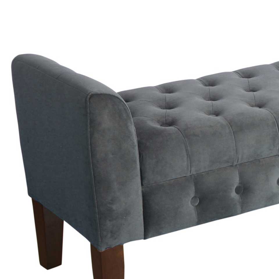 Velvet Upholstered Button Tufted Wooden Bench Settee With Hinged Storage, Dark Gray And Brown By Benzara | Benches |  Modishstore  - 4