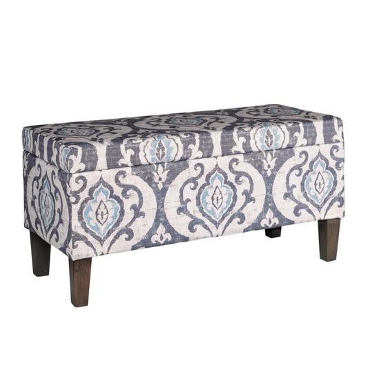 Damask Patterned Fabric Upholstered Wooden Bench With Hinged Storage, Large, Multicolor By Benzara | Benches |  Modishstore 