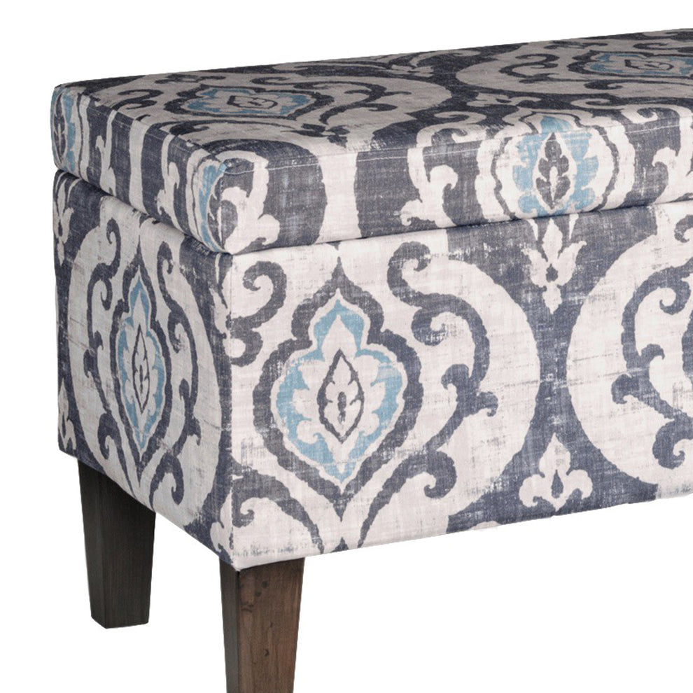 Damask Patterned Fabric Upholstered Wooden Bench With Hinged Storage, Large, Multicolor By Benzara | Benches |  Modishstore  - 2