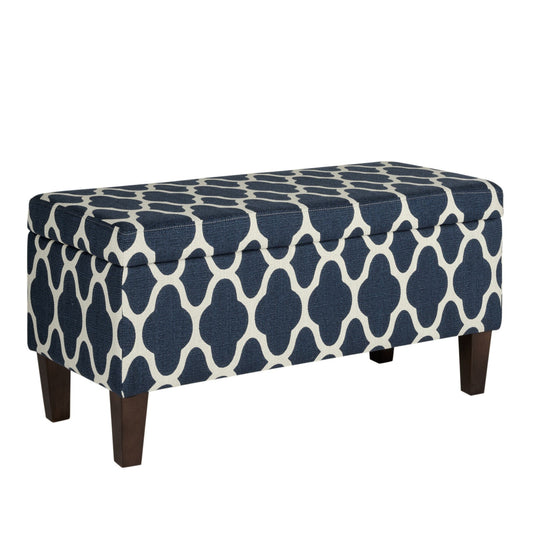Quatrefoil Print Fabric Upholstered Wooden Bench With Hinged Storage, Large, Blue And White By Benzara | Benches |  Modishstore 
