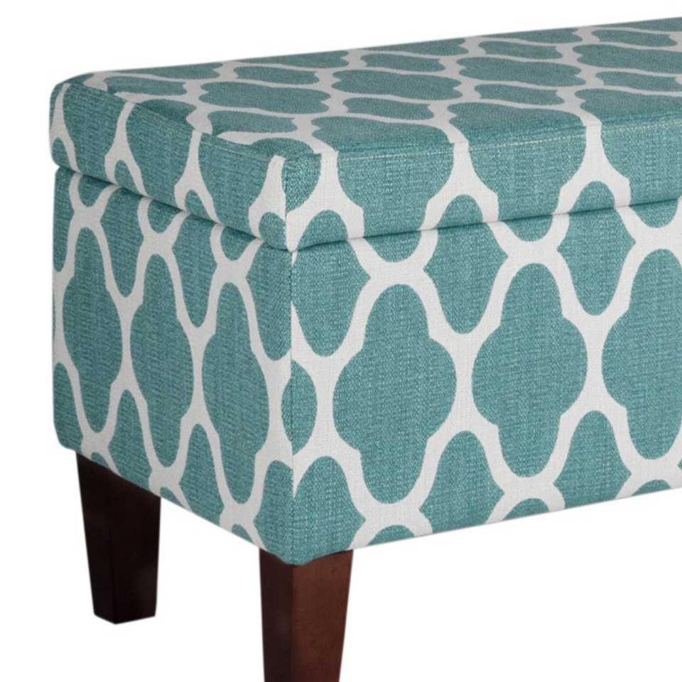 Quatrefoil Print Fabric Upholstered Wooden Bench With Hinged Storage, Large, Teal Blue And Cream By Benzara | Benches |  Modishstore  - 2
