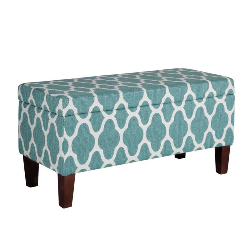 Quatrefoil Print Fabric Upholstered Wooden Bench With Hinged Storage, Large, Teal Blue And Cream By Benzara | Benches |  Modishstore 