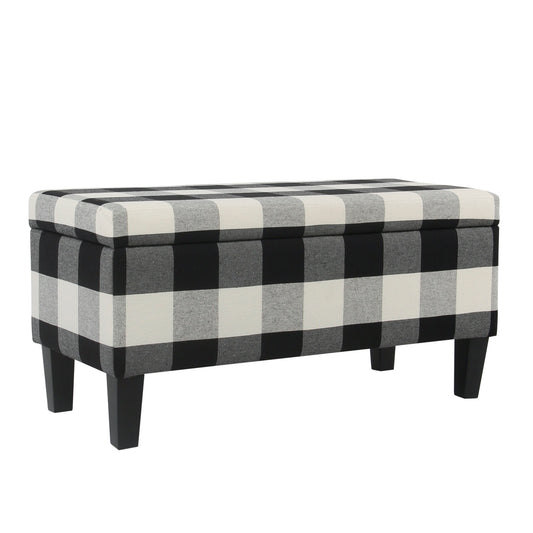 Checkered Pattern Fabric Upholstered Storage Bench With Tapered Wood Legs, Large, Black And White By Benzara | Benches |  Modishstore 
