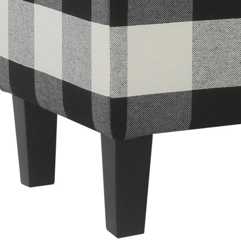 Checkered Pattern Fabric Upholstered Storage Bench With Tapered Wood Legs, Large, Black And White By Benzara | Benches |  Modishstore  - 2