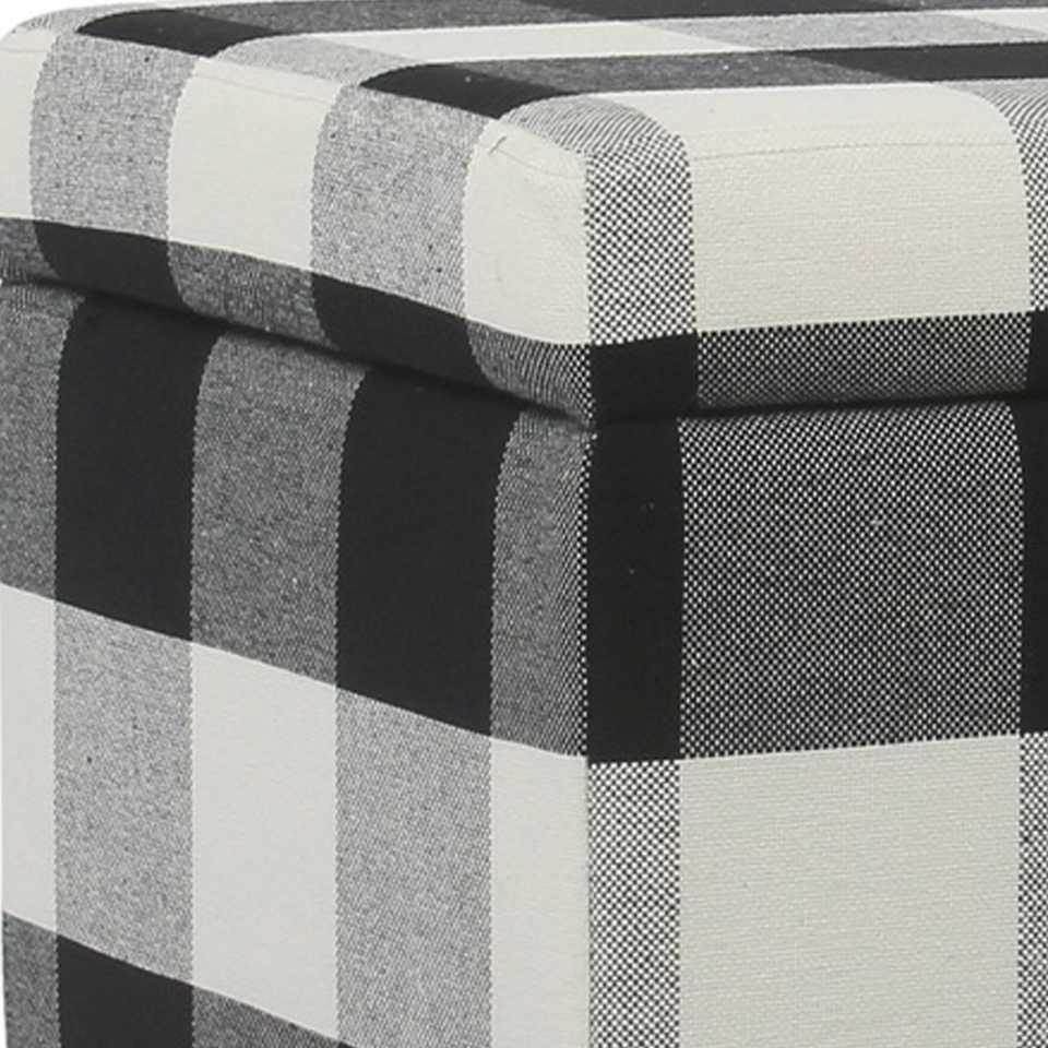 Checkered Pattern Fabric Upholstered Storage Bench With Tapered Wood Legs, Large, Black And White By Benzara | Benches |  Modishstore  - 3