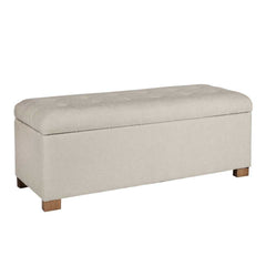 Polyester Upholstery Bench With Button Tufted Hinged Lid Storage And Wood Feet, Large, Light Gray By Benzara