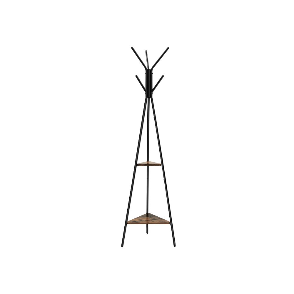 Iron Framed Coat Rack Stand With Six Hooks And Two Wooden Shelf, Black And Brown By Benzara | Coat Racks |  Modishstore 