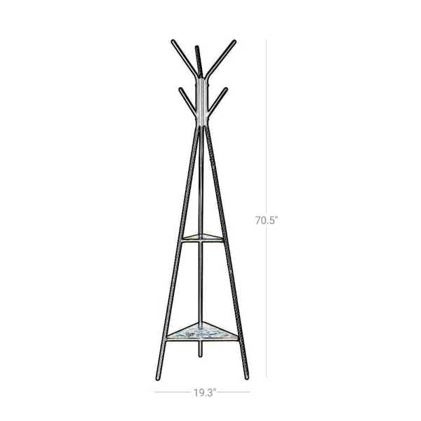 Iron Framed Coat Rack Stand With Six Hooks And Two Wooden Shelf, Black And Brown By Benzara | Coat Racks |  Modishstore  - 3
