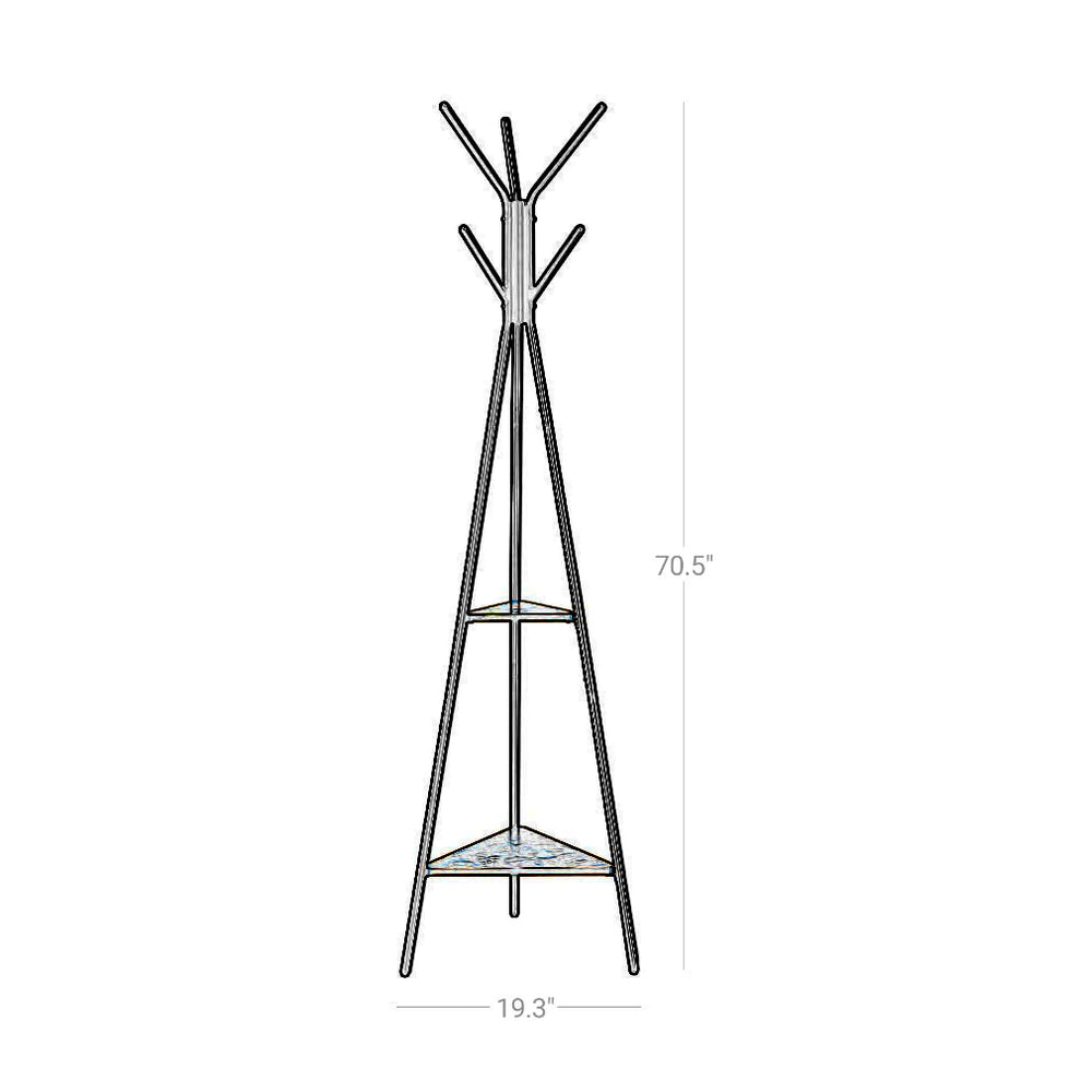 Iron Framed Coat Rack Stand With Six Hooks And Two Wooden Shelf, Black And Brown By Benzara | Coat Racks |  Modishstore  - 4