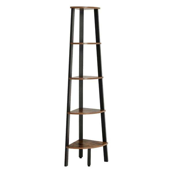 Five Tier Ladder Style Wooden Corner Shelf With Iron Framework, Brown And Black By Benzara | Shelves & Shelving Units |  Modishstore  - 2