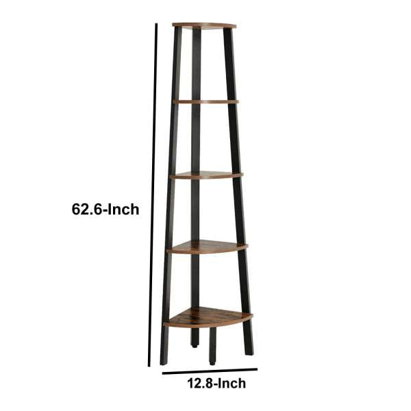Five Tier Ladder Style Wooden Corner Shelf With Iron Framework, Brown And Black By Benzara | Shelves & Shelving Units |  Modishstore  - 3