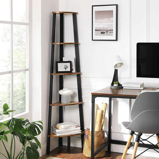 Five Tier Ladder Style Wooden Corner Shelf With Iron Framework, Brown And Black By Benzara | Shelves & Shelving Units |  Modishstore 