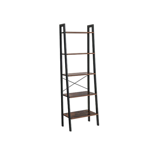 Five Tiered Rustic Wooden Ladder Shelf With Iron Framework, Brown And Black By Benzara | Shelves & Shelving Units |  Modishstore 