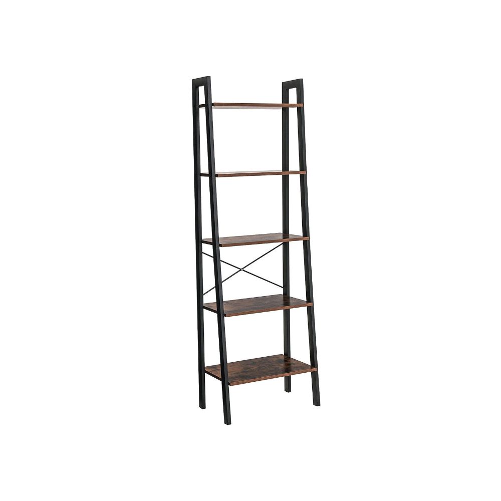 Five Tiered Rustic Wooden Ladder Shelf With Iron Framework, Brown And Black By Benzara | Shelves & Shelving Units |  Modishstore 