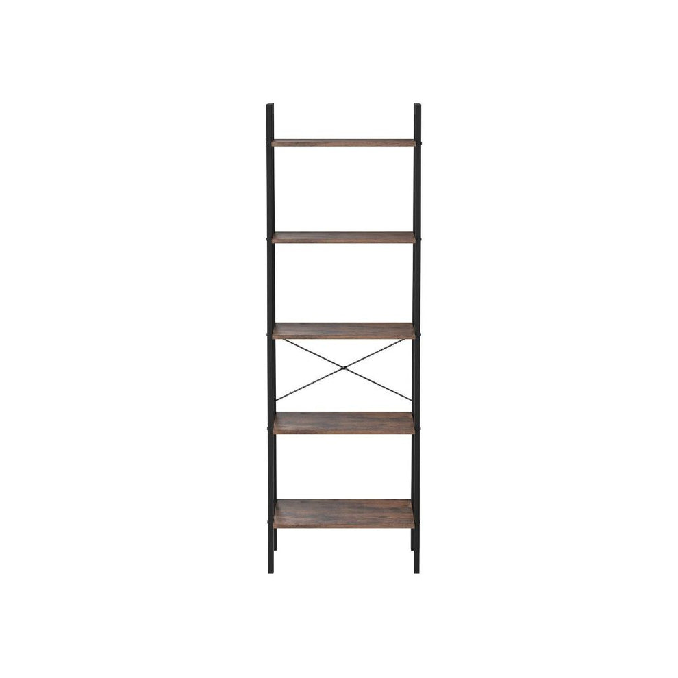 Five Tiered Rustic Wooden Ladder Shelf With Iron Framework, Brown And Black By Benzara | Shelves & Shelving Units |  Modishstore  - 4