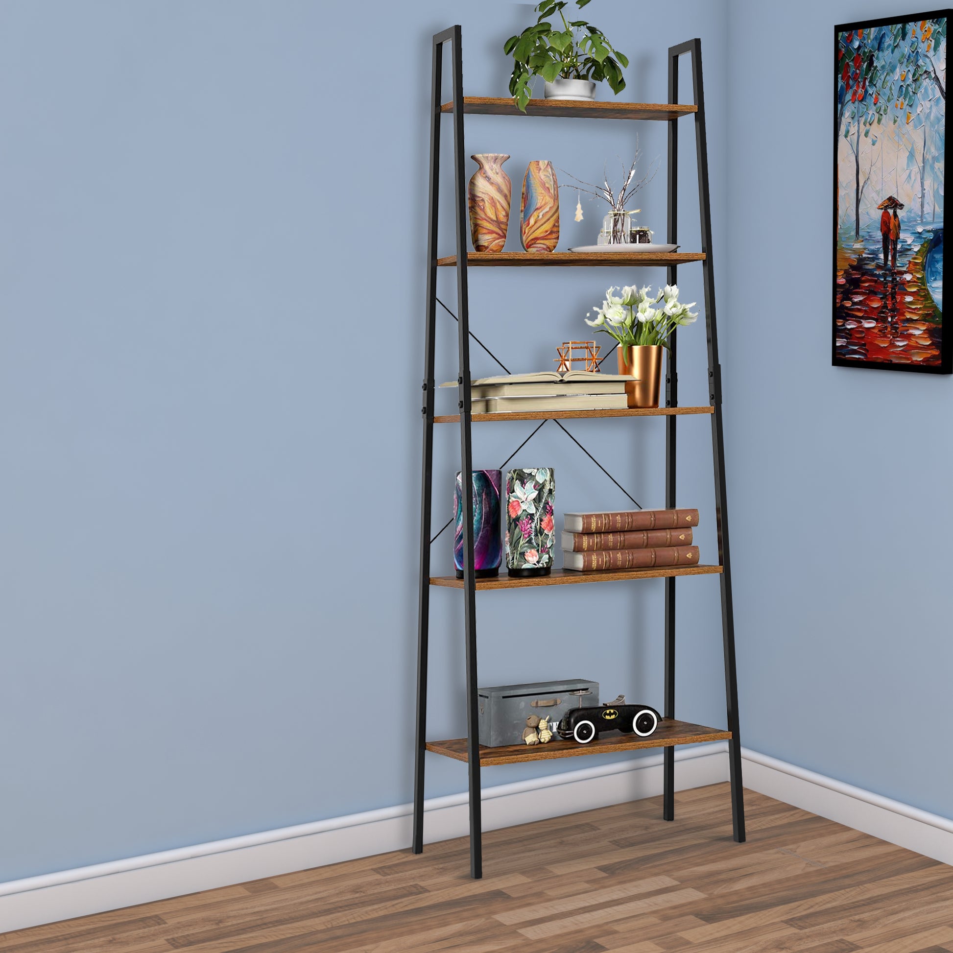 Five Tiered Rustic Wooden Ladder Shelf With Iron Framework, Brown And Black By Benzara | Shelves & Shelving Units |  Modishstore  - 2