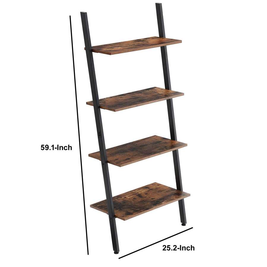 Rustic Ladder Style Iron Bookcase With Four Wooden Shelves, Brown And Black By Benzara | Bookcases |  Modishstore  - 2