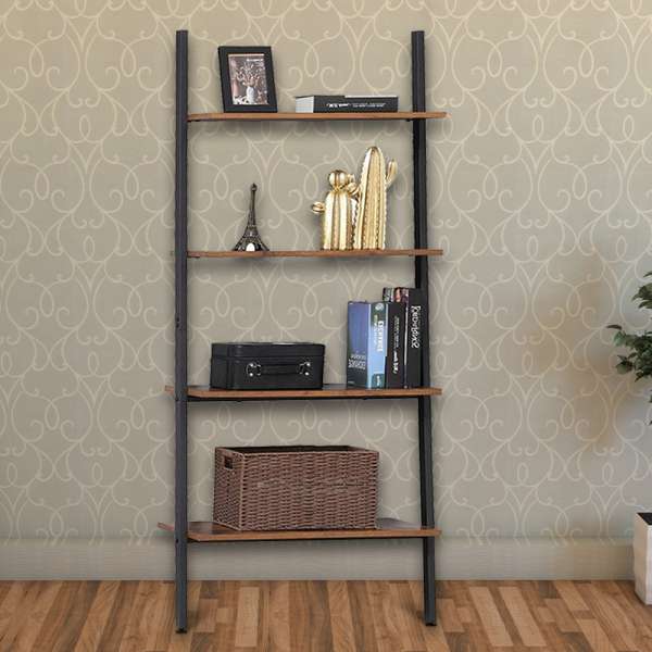 Rustic Ladder Style Iron Bookcase With Four Wooden Shelves, Brown And Black By Benzara | Bookcases |  Modishstore 