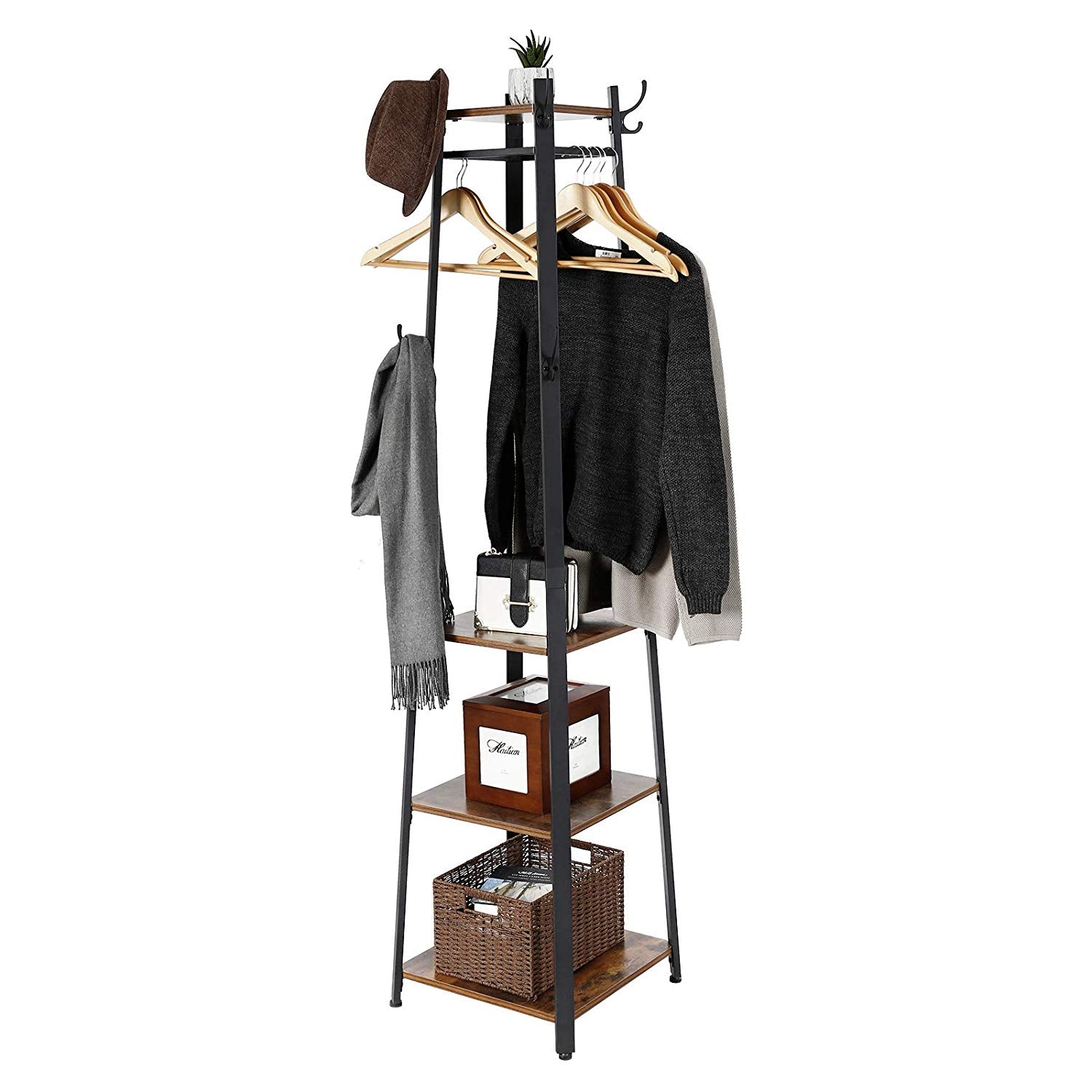 Metal Framed Ladder Style Coat Rack With Three Wooden Shelves, Brown ...