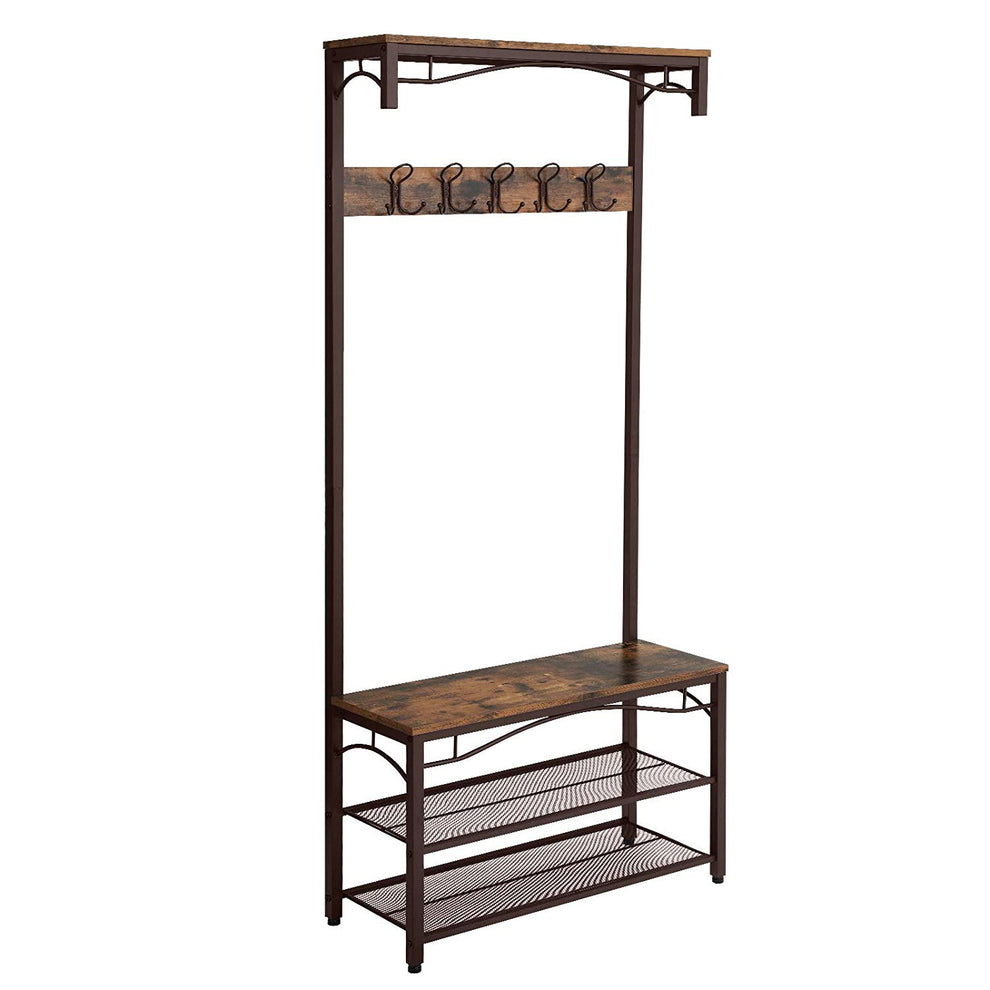 Wood And Metal Frame Hall Tree With 5 Dual Hooks, Rustic Brown And Black By Benzara | Coat Racks |  Modishstore  - 4