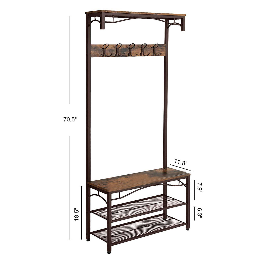 Wood And Metal Frame Hall Tree With 5 Dual Hooks, Rustic Brown And Black By Benzara | Coat Racks |  Modishstore  - 3