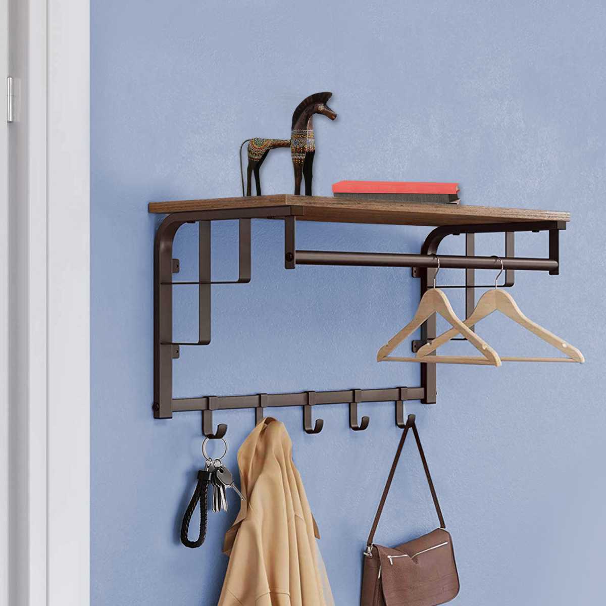 Wood And Metal Frame Coat Rack With 5 Removable Hooks, Brown And Black ...